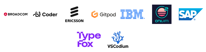 A list of project adopters for the Open VSX project. From left to right: Broadcom, Coder, Ericsson, Gitpod, IBM, Onivim, SAP, TypeFox, VSCodium