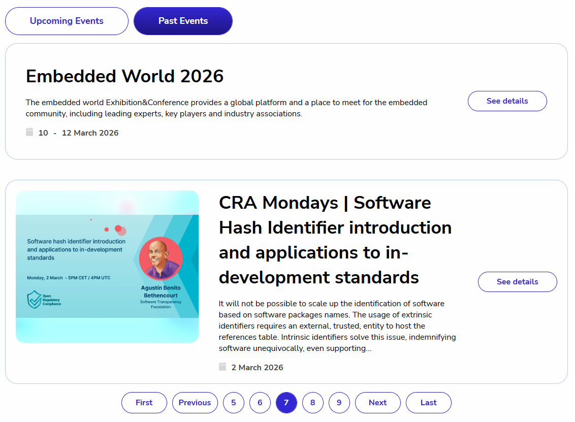 A list of events with the event filters and pagination components