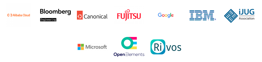 List of logos from member organizations for the Adoptium Working Group. From left to right: Alibaba Cloud, Bloomberg Engineering, Canonical, Fujitsu, Google, IBM, iJUG Association, Microsoft, OpenElements, Rivos